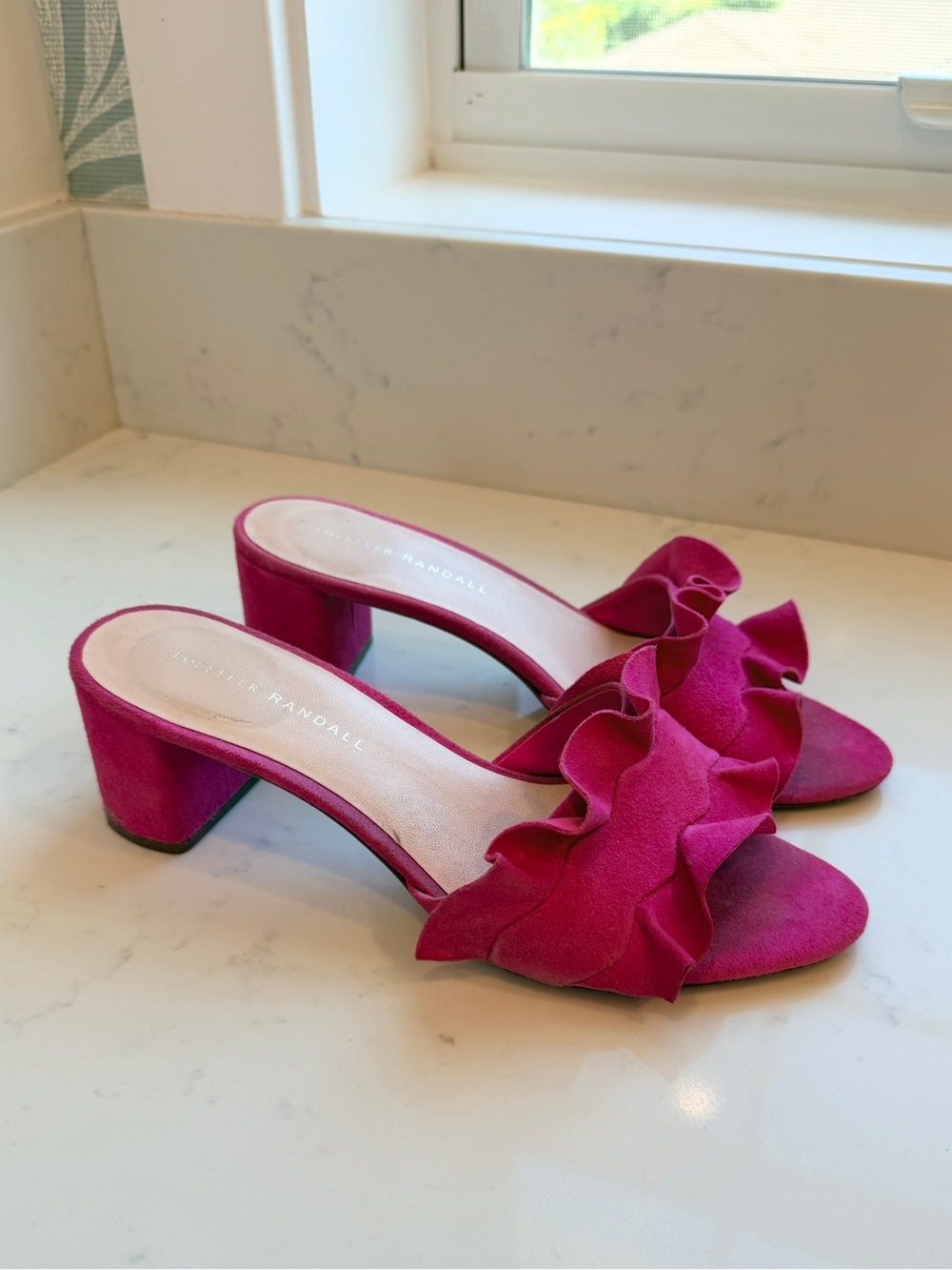 Loeffler Randall Ruffle Slide Sandals Mules Hot Pink Fuchsia Suede Size 7 - Picture 3 of 8